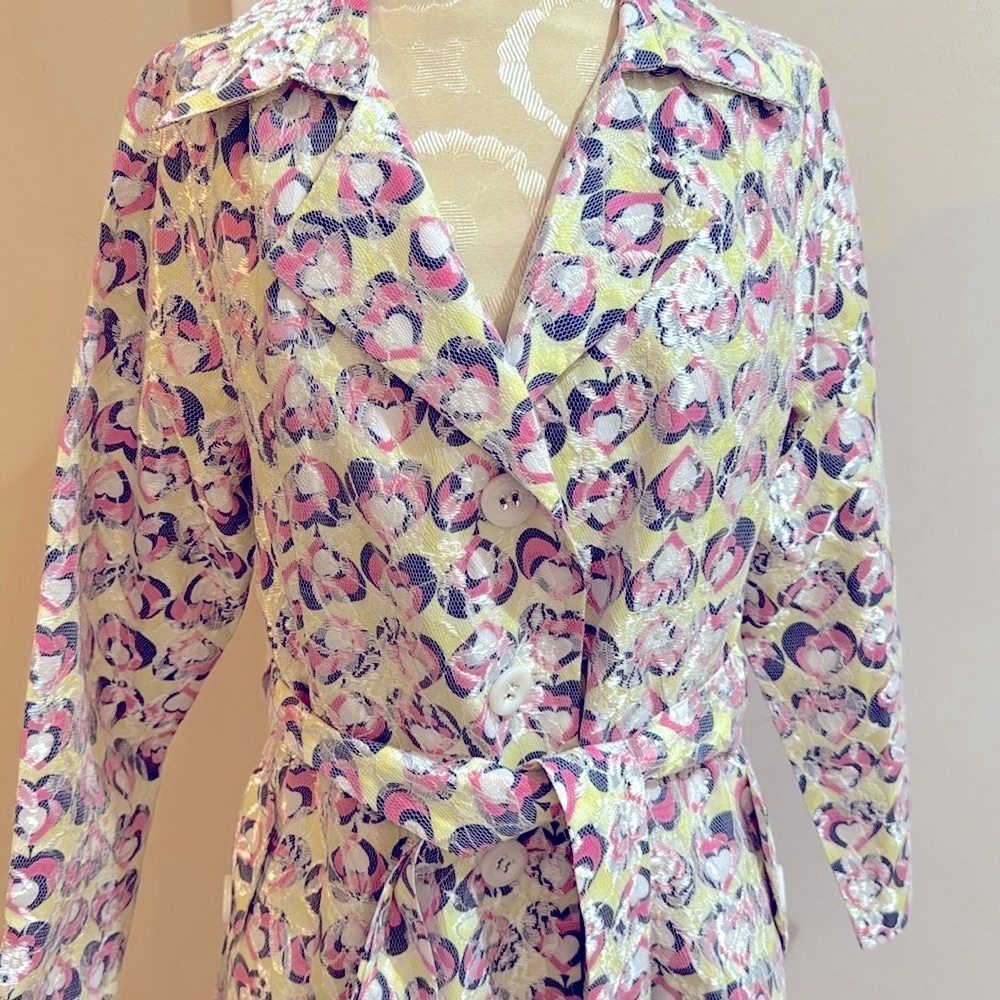 Trench Lace Overlay Hearts Yellow Pink Romance Belted Lined Pockets Retro Coat M